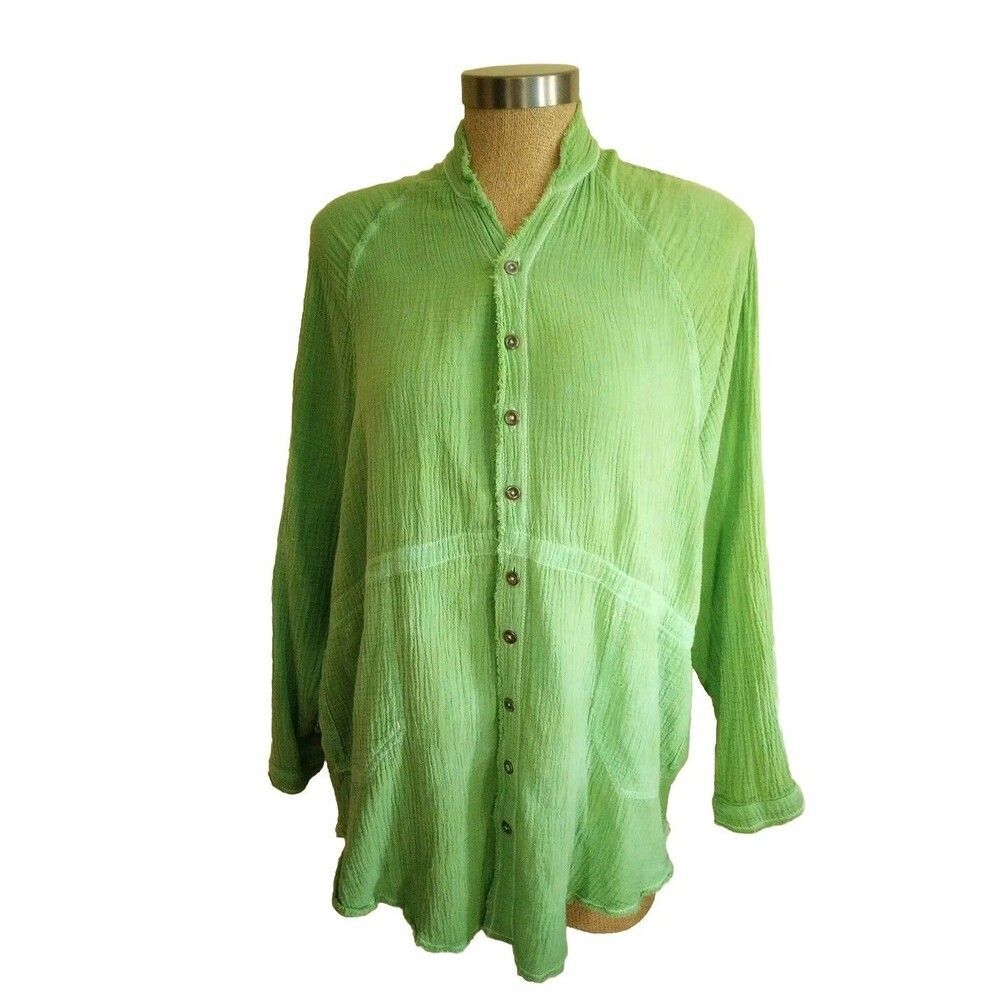 We The Free Blouse Womens Sz S Green Button Up Gauzy Distressed Edges Boho Tunic
